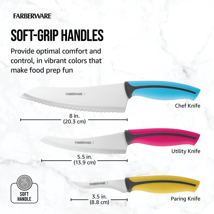 Farberware Precise Slice Soft Grip Chef Knife Set, 3Piece